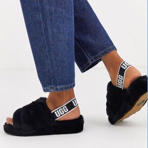 Ugg Black Fluff Yeah Slipper Sz 8 Shearling Wool Slingback Cozy Indoor Outdoor